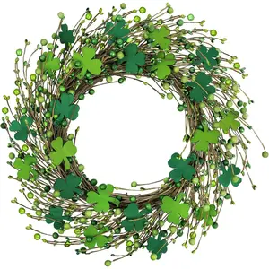 Ouddy Decor 20 Inch St Patricks Day Wreath Decorations, Artificial Green Shamrock Wreath with Wooden Clover Berry for Front Door Wall Window Indoor Outdoor Irish Spring Holiday Home Decor