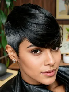 Short Straight Daily Party Cosplay Wig, Natural Looking Wig, Natural Pixie Cut Wigs for Women, Machine Made, 150% Density, Human Hair Silky