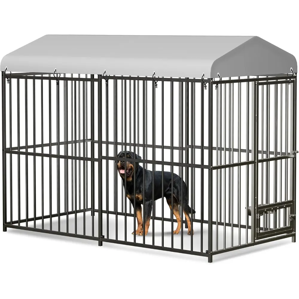 Heavy Duty Outdoor Dog Kennel with Roof - Spacious Galvanized Steel Dog House - Secure Lock & Weatherproof UV Cover - Ideal for Large Dogs in Backyard or Garden