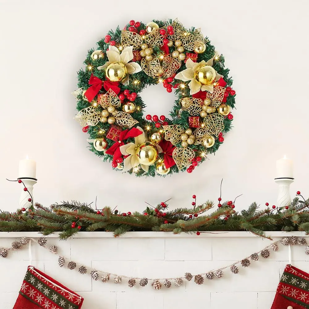 GARVEE 18 inch Lighted Christmas Wreath, Pre-Lit Xmas Wreath with Red Bow, Christmas Decorations, Christmas Wreath for Front Door,Wall, Mantel Decoration