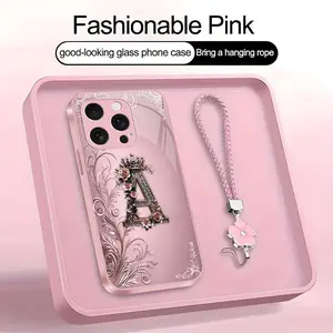 Crown Floral Art 26 letter Phone Case, Suitable for [iPhone 16 Pro Max] high-end women's, Lanyard a beautiful four-leaf clover lanyard is included🍀 952