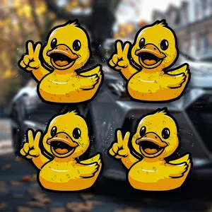 4PCS/SET Cute-Style Peace Sign Little Yellow Duck Car Sticker, Car decorative sticker, For car windows, cute backpacks, with the water-drop little yellow duck making a peace sign as elements