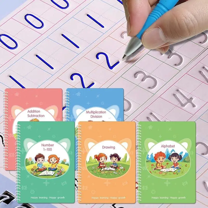 Reuseable Handwriting Practice Copybook set with 5 Handwriting Practice Books, 2 pen, 10 Pen Refills & 2 Pen Grip, School & Educational Supplies, Learning Handwriting Practice Books for Kids Birthday Gifts &