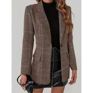 Women's Plaid Pattern Single Breasted Lapel Blazer - Elegant Long Sleeve Blazer For Work & Office -  Suitable for Business & Formal Occasions - Perfect Gift for Women