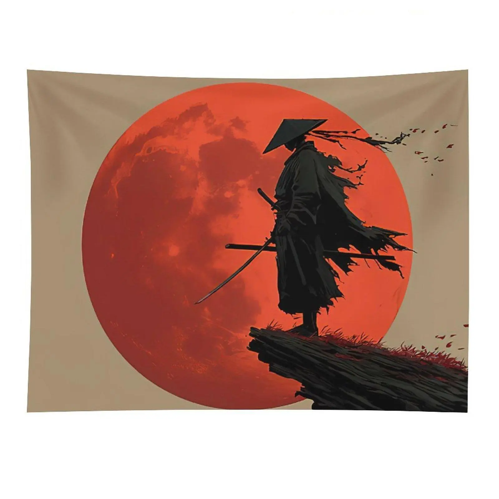 Samurai Red Moon Tapestry Japanese Warrior Silhouette Wall Decor