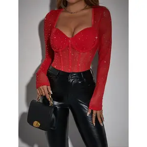 jean Women's Glitter Sequin Decor Sweetheart Neck Sheer Longsleeves Bodysuit, Elegant Long Sleeve Open Crotch Design Bodysuit for Party Holiday Vacation, Chic Ladies Clothes for All Seasons, Feminine Womenswear, Swimsuit Bodysuit Tops Basic Minimalist Red