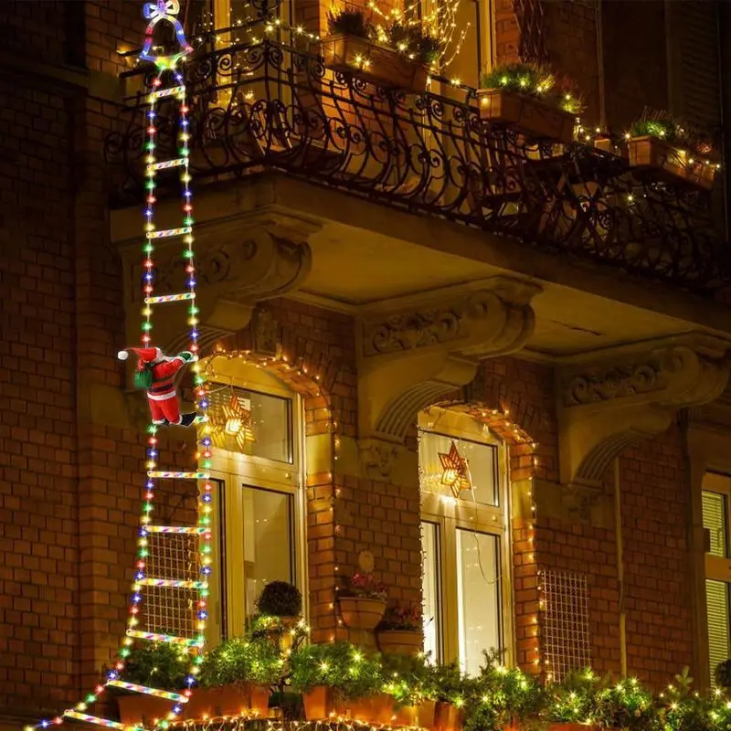 12ft Plastic LED Ladder Christmas Decor with Climbing Santa-Claus, 8-Mode Multicolor LED Lights, Indoor Holiday Wall/Window Climbing Santa Claus Christmas Decor