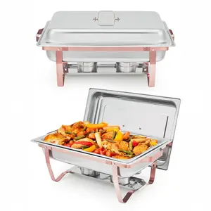 [TOP RATED - FLASH SALE] Garvee Chafing Dishes for Buffet Set of 2, 8QT Buffet Servers and Warmers Set with Lid & Foldable Frame, Rectangular Stainless Steel Chafer Food Warmer for Parties Wedding Catering Supplies, Rose Gold