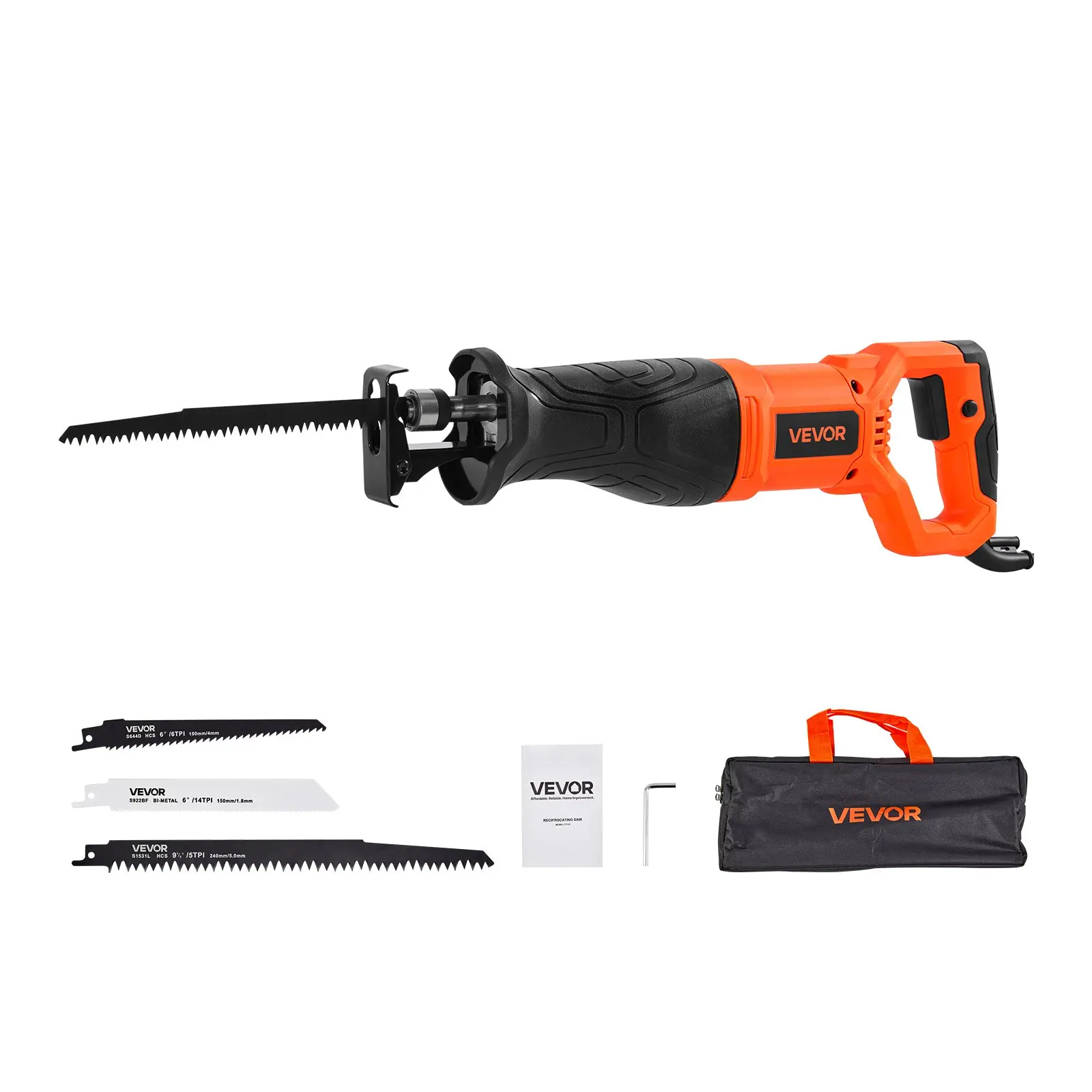【Summerfinds】VEVOR  Corded Reciprocating Saw, 120 Volt 7.5 Amp, 2800 SPM Variable Speed, 1-1/8 inch Stroke Length, Electric Reciprocating Saw with 8 Blades and Carrying Bag, for Wood, Metal, and Plastic Cutting, 8 Blades Set