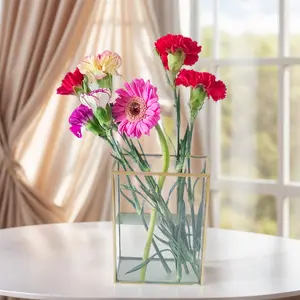 A 1.2L rectangular desktop glass vase with gold - inlaid edges,  no welding points, and waterproof, suitable for Valentine's Day,  Mother's Day, and Christmas. Antique Decor