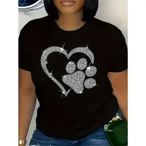 Heart Rhinestone Graphic Plus Size T-Shirt, Cute Oversized Crew Neck Outfit, Comfort Casual Fashion Tee, Perfect Valentine's Day Gift For Her