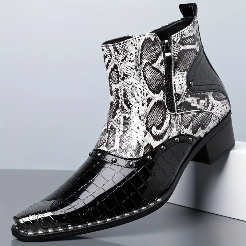 Men's Studded Dual-Tone Snake Print Pointed Toe High-Top PU Chelsea Footwear - Closed Black Boot with Rubber Sole, Casual Everyday Walking Shoe, Pointed Toe Edge, Everyday Wear, Studded Trim, Zip Fasten