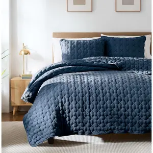 Navy Blue California Cal King Size Quilt Set, Lightweight Cross Pick Stitch Bedspread with 2 Shams, Soft Cloud Puffy Farmhouse Textured Coverlet Thin Comforter Spring Summer, 3-Piece Bedding Set