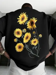 Sunflower Back Print Men's Summer Top, American Street Style, Loose Fit, Slimming Pure Cotton, Round Neck, Versatile Short Sleeve T-Shirt