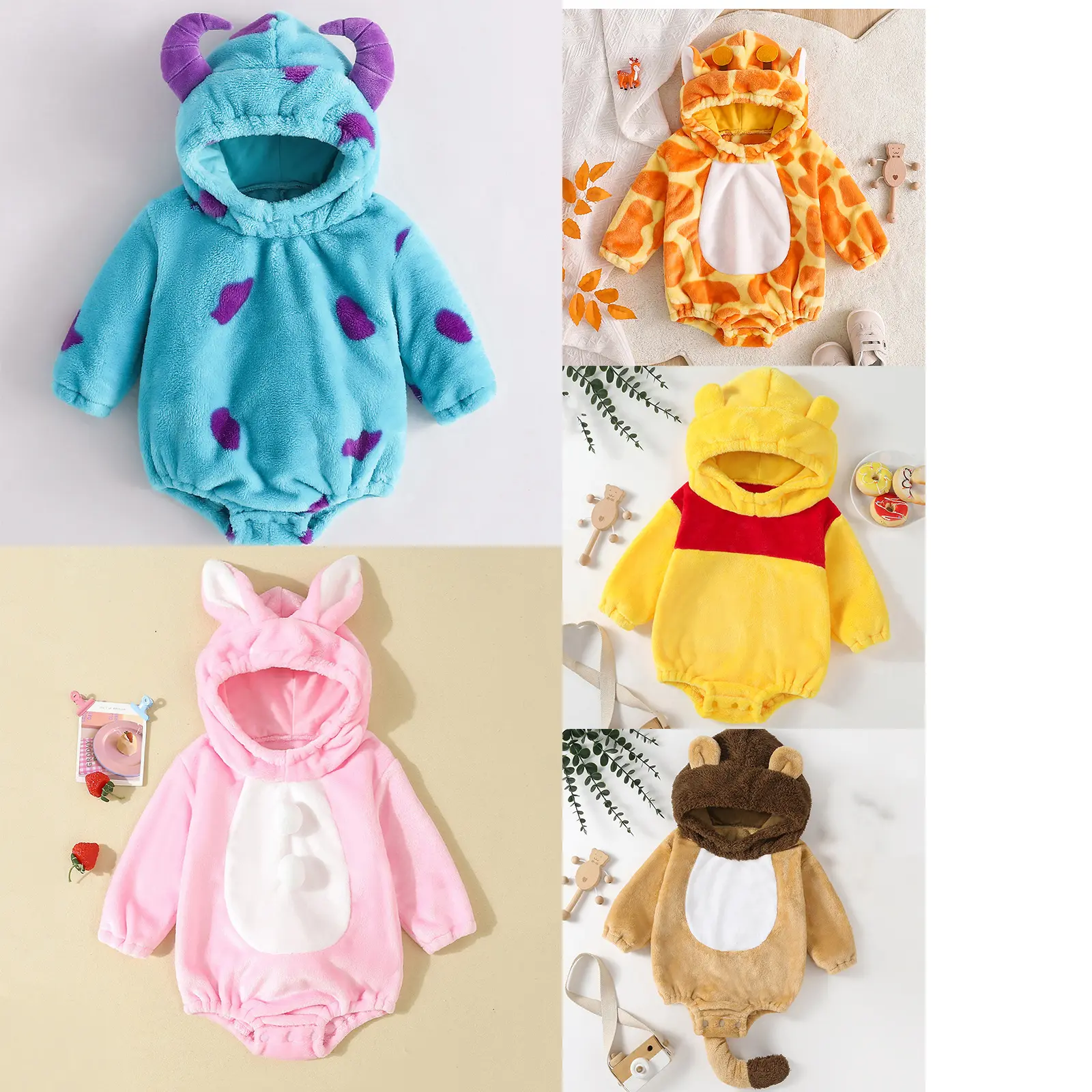 Unisex Baby Animal Print Flannel Hooded Long Sleeve Romper Jumpsuit - Hood Closure, Role Play Wear, Baby Girl Clothes, Cute Infant Gift, Costume Use