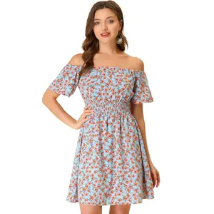 INSPIRE CHIC Women's Floral Print Off Shoulder A-Line Smocked Dress Light Blue Medium