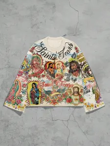 Men's Vintage Street Style Saint Print Long Sleeve Round Neck T-Shirt, Casual Street Wear, Loose-Fitting Short Top for Fall, 2000s Fashion