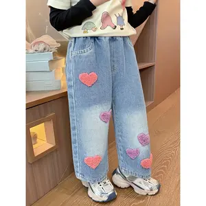 Colorful Heart-Patterned Denim Pants for Little Girls: Soft Durable Deformation-Resistant Denim, Soothing Heart Prints, Comfortable Elastic Waistband, Perfect for Daily Wear or Parties