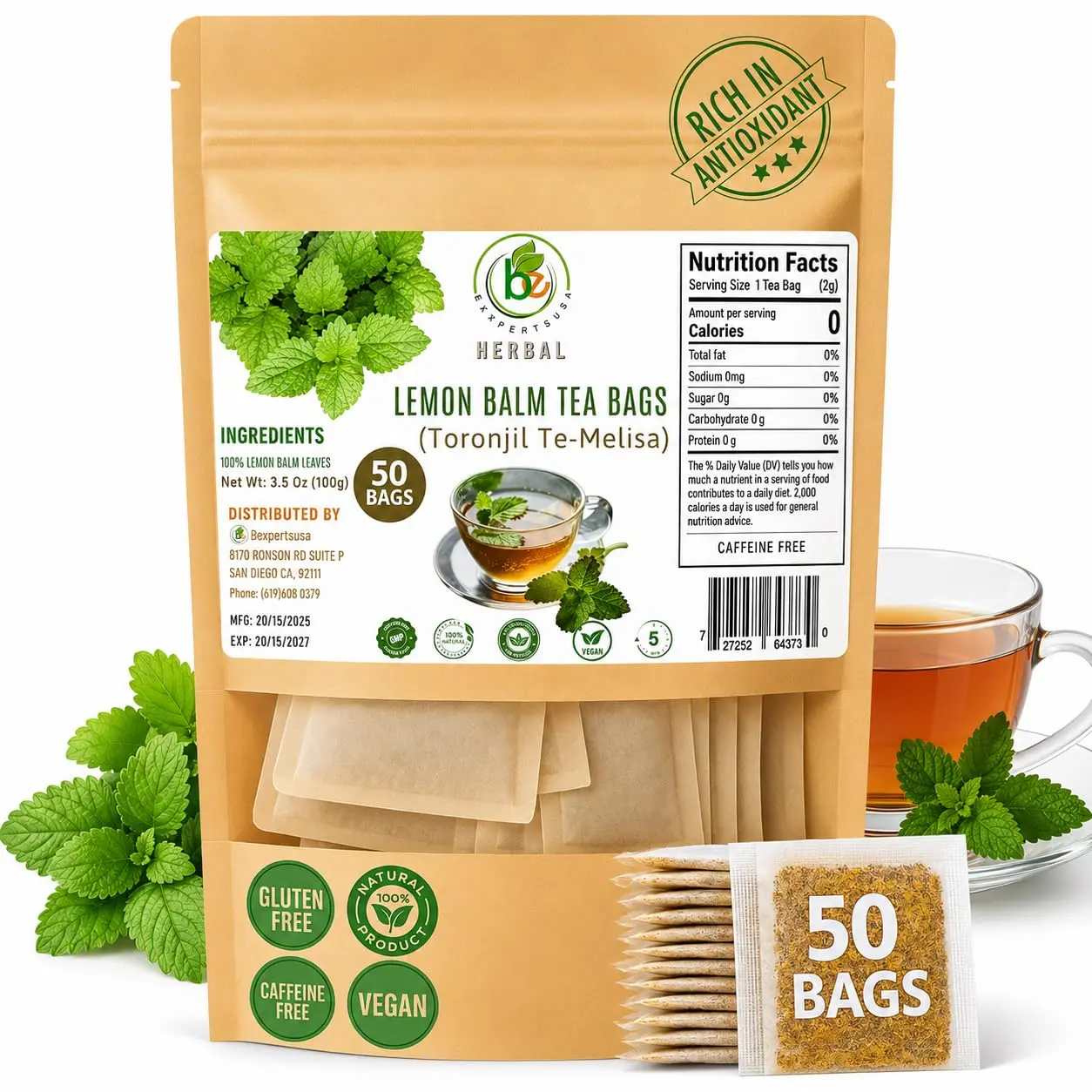 Toronjil (Lemon Balm) Herbal Tea – 50 Bags (2 g Each) – 100% Natural, Vegan, Non-GMO, Sugar-Free, Caffeine-Free – Calming & Antioxidant-Rich Infusion for Hot & Iced Drinks – Vacuum-Sealed for Freshness – by BexpertsUSA