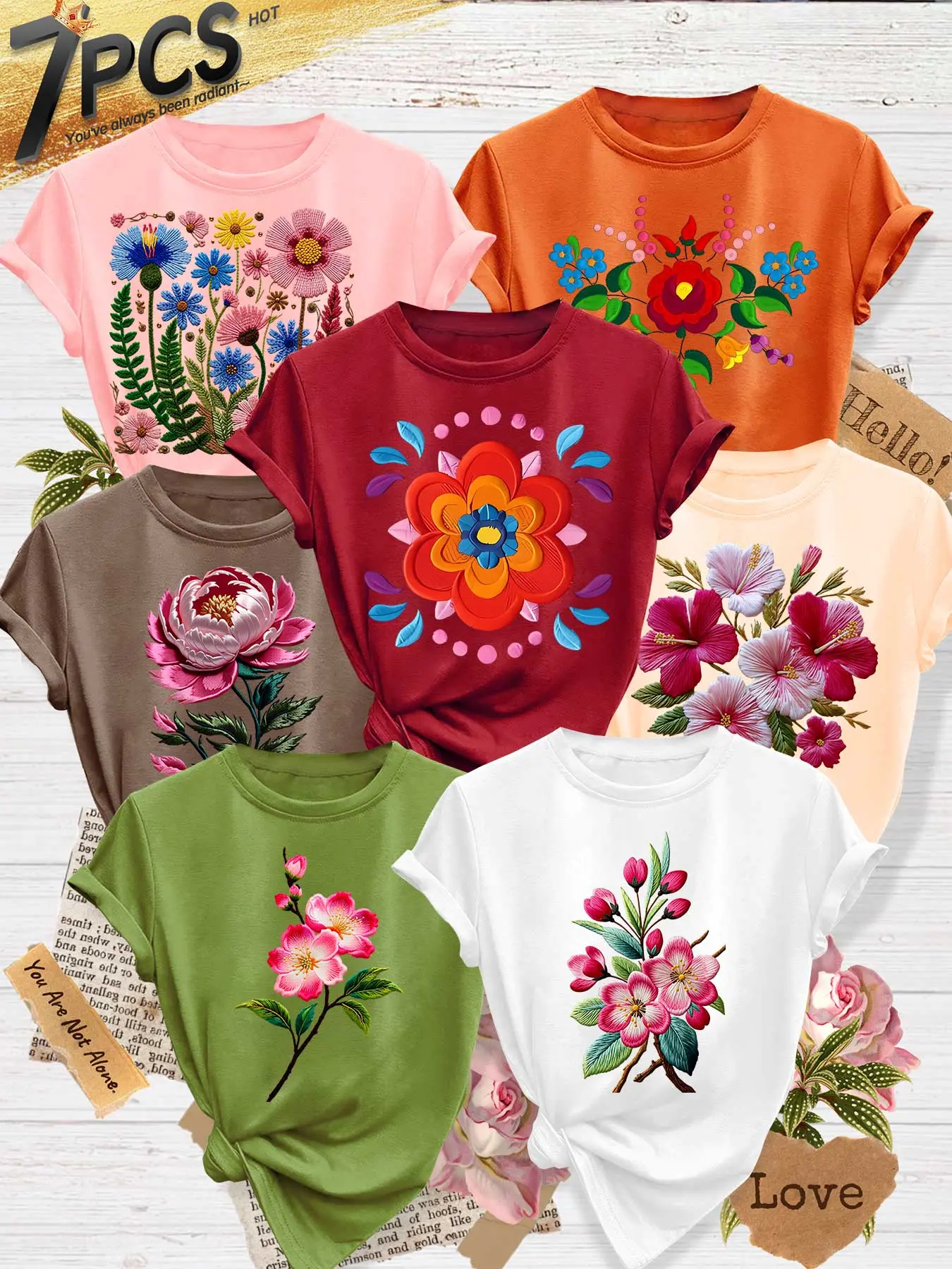 7pcs Plus Size Women's Crew Neck T-Shirt, Ethnic Style Floral Print, Multiple Colors Available, Machine Washable, Spring & Summer Top, Soft Skin-Friendly Fabric, Daily Versatile, Fashion Design