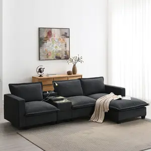 109*57" Modern Sectional Cloud Sofa with Console,USB charger,Reading Light,Cup Holder,Wide Seat,4 Seat Chenille Modular Couch,Storable Indoor Funiture for Living Room,Apartment, Dark Gray/Beige
