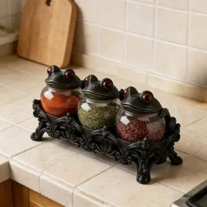 Set of 3 Gothic-style witchy frog spice jars with carved bases, vintage handmade apothecary jars with frog lids, dark aesthetic kitchen food storage containers, perfect for spices, herbs, and salt, unique home decor.