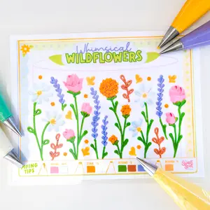 Whimsical Wildflowers Piping Practice Sheet with Free Video Guide Reusable Cake Decorating for Beginners