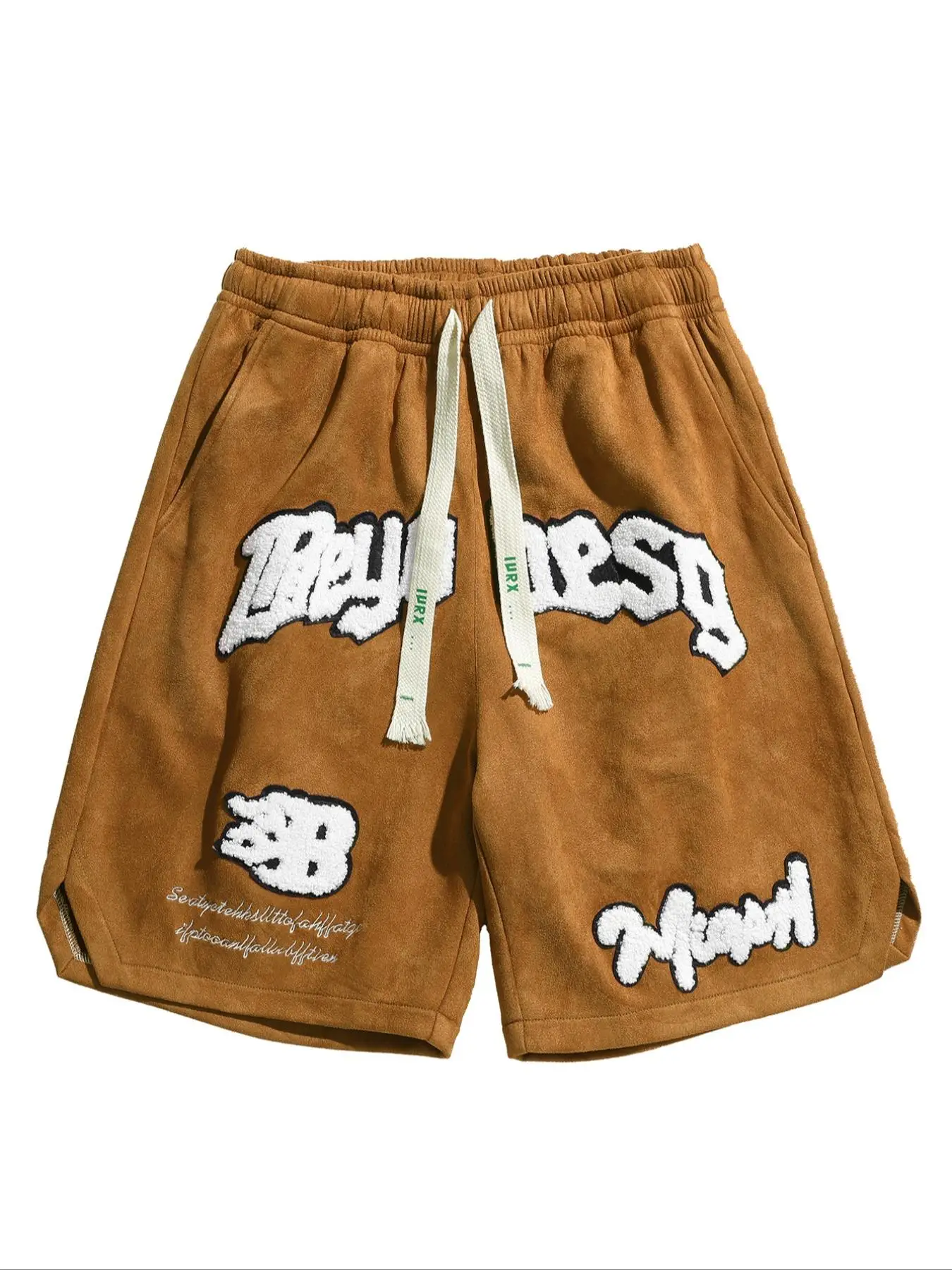 Men's Letter Embroidery Patched Drawstring Waist Suede Shorts, Regular Fit Casual Pocket Design Shorts for Summer, Fashion Men's Bottoms for Daily Wea
