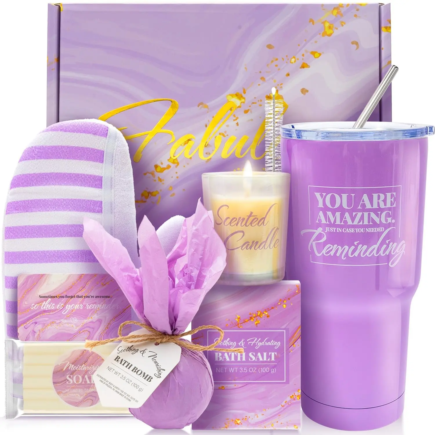Luxury 8-Piece Lavender-Scented Foaming Cleansing Body Care Set with Body Wash, Bath Bomb, Soap, 20oz Stainless Steel 12h Hot Vacuum-Insulated Tumbler, Purple Cloud Set Box - Ideal for Mum, Retirement Gifting, 12H For Hot, Exfoliating