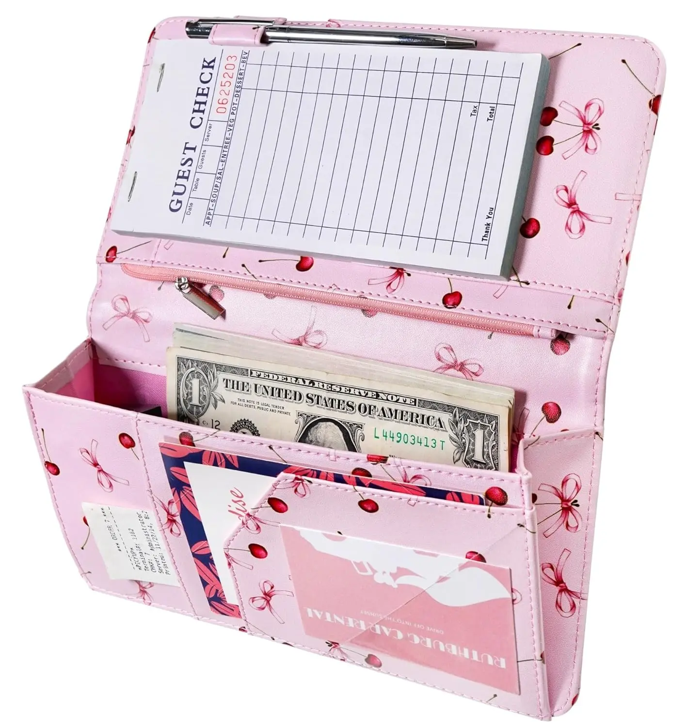 Server Book with Zipper Pocket and Magnetic Closure Server Booklet Waitress Book Serving Book with Money Pocket Waitstaff Organizer Fit Server Apron Waiter Book Wallet High Volume Pocket Pink Cherry