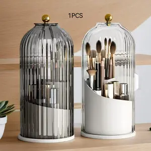 Brush Holder with Sliding Lid, Rotating 3-Tier Bathroom Organizer, Cosmetic Storage Box, Beauty Organizer Box, Ideal for Bathroom, Makeup Table, Office Desk