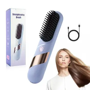 Cordless Hair Straightener Brush, Portable Hair Straightening Brush for Travel, Cordless Brush with 4 Temperature Adjust, Lightweight Anti-Scald Straightener for Home, Office & Travel, Thermal Brush Straightener
