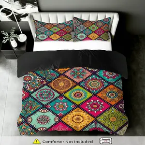 3-Piece Quilt Cover Set, Bohemian Mandala Floral Geometric Art Theme, Bright Patterns, Ideal for Bedroom, Living Room, Dormitory
