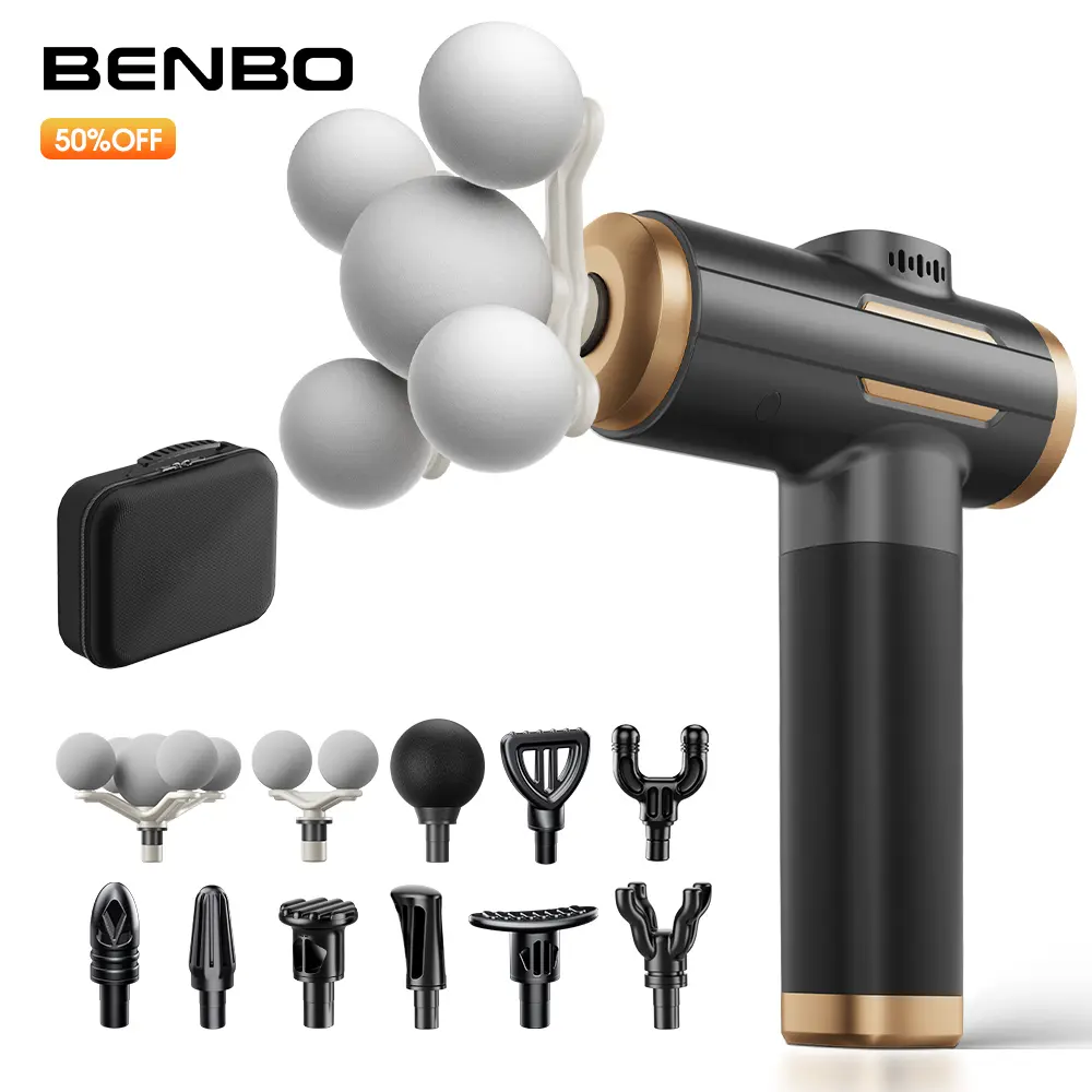 BENBO Deep Tissue Massage Gun for Athletes - 5-Ball Percussion Massager with 11 Heads, 99 Speed Levels, 12mm Amplitude, LED Display, Auto Off Timer, Rechargeable Portable Full Body Muscle/Tissue Massager with Carry Case for Deep Relaxation,Gift