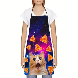 1pc Kitchen Apron, Cute Orange Cat Pizza Pattern Cooking Apron with Starry Sky Color Background, Simple Style Apron, Fashionable Housework Kitchen Home Work Clothes, Kitchen Supplies
