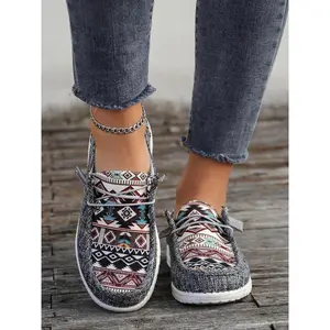 Women's Boho Style Ethnic Random Pattern Slip on Sneakers, Casual Comfortable Round Toe Shoes for Daily Wear, Perfect for Women and Outdoor, As Gift for Wife, Girl Friend, Daughter