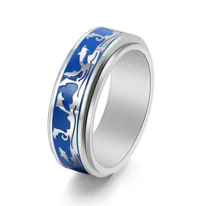Men's Stainless Steel Rotatable Scrolling Ring, Fashionable Sports-Style Ocean Dolphin Dropper Jewelry Accessory Ring, Scrolling Ring Rings
