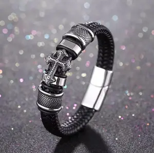 Leather Men Bracelet – Braided Christian Bangle with Stainless Steel Magnetic Clasp, 8 Inch Crown Circle Pendant Necklace