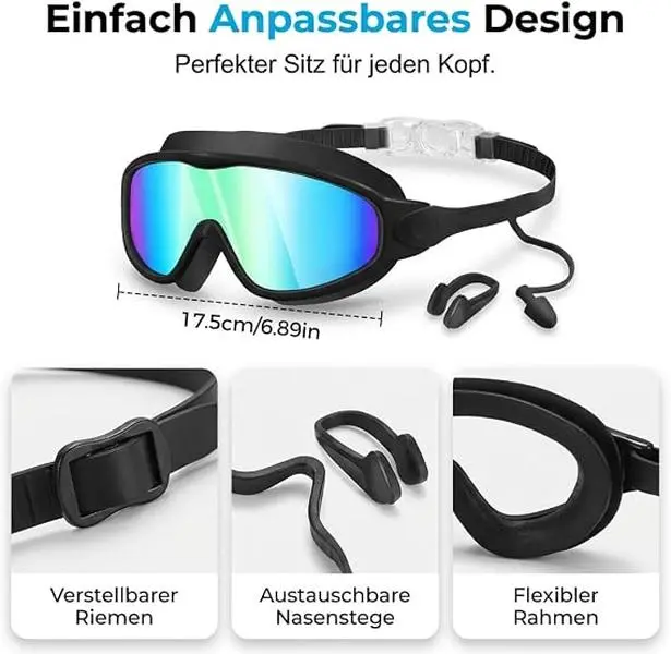 New Adult Swim Goggles, 180° Wide View Anti‑Fog Swimming Goggles with UV Protection, Pool Swim Goggles for Adults, Youth, Men and Women