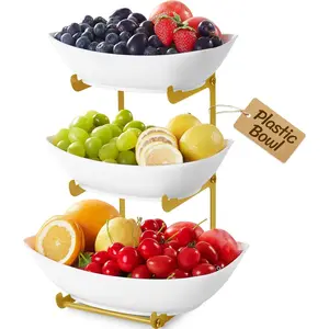 Plastic Fruit Bowl Basket for Kitchen Countertop, 3 Tier Fruit Holder with Gold Metal Stand, Serving Tray for Food, Vegetable, Cake, Dessert in Party
