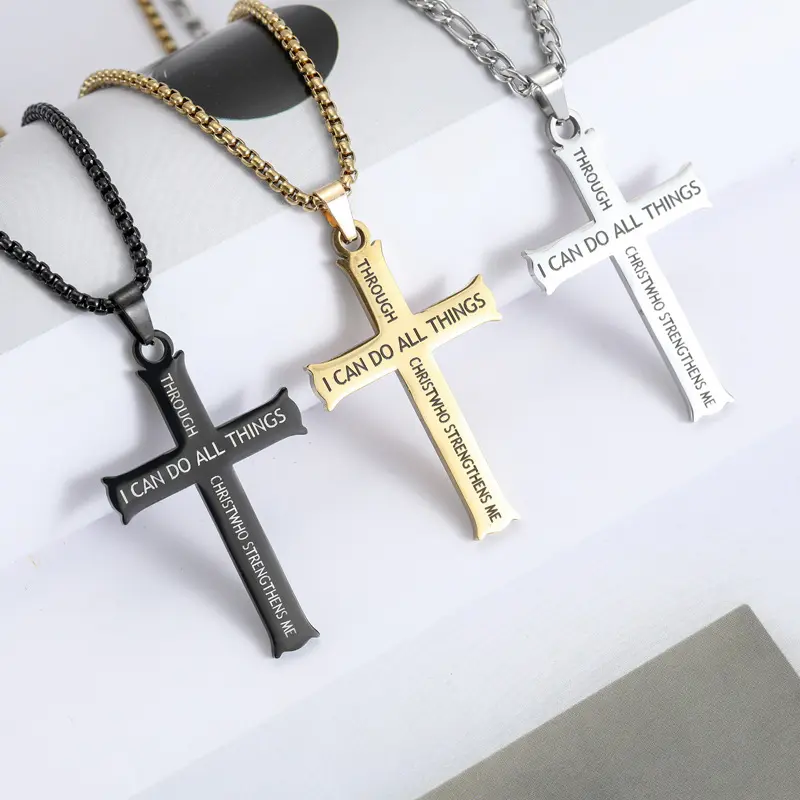 Mens Black Cross Chain Necklace for Men First Communion Gifts for Him Catholic Cross Necklace I Can Do All Things Through Christ Bible Verse Necklace