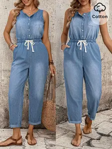 Mature Denim Women's Button Front Drawstring Waist Pockets Sleeveless Casual Denim Jumpsuit Summer Carnival Costume Commuting Vacation Graduation Chic Y2k Cute Streetwear Party Wedding Elegant Business Casual Woman Business Beach Graduation Easter Women's