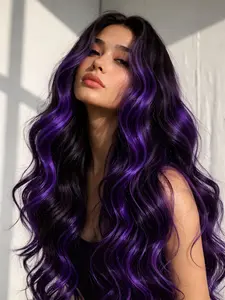 26 Inch Purple Highlights Body Wave Lace Front Wig Heat Resistant Synthetic Hair Glueless Perfect for Daily Wear & Parties