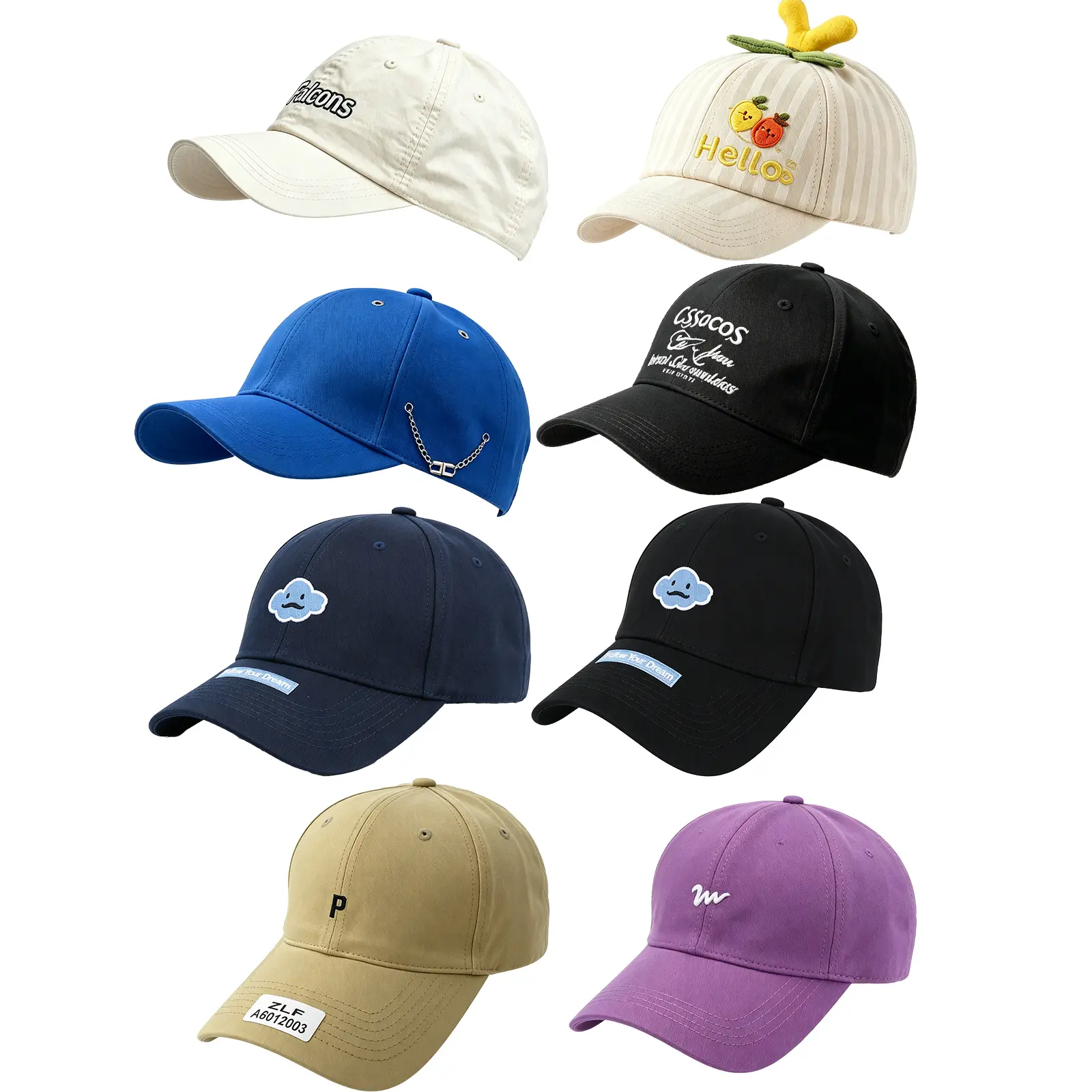 8Pcs Multi-Style Unisex Baseball Cap, Adjustable Cotton Low-Profile Baseball Cap with Cute Embroidery, Classic Casual & Golf Hat for Men & Women