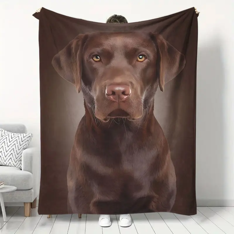 1pc Chocolate Labrador Retriever Flannel Blanket - Soft Polyester, All-Season Multi-Purpose Gift Blanket for Sofa, Car, Office, Bed, Versatile Gift Blanket |   Realistic Dog Print |   Durable Polyester Blanket