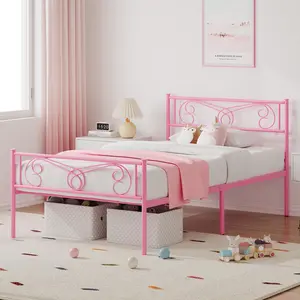 GARVEE GARVEE Pink Twin Bed Frame with Headboard and Footboard for Girls, Twin Size Bed Metal Platform with Steel Slat Support, Mattress Foundation with Storage, No Box Spring Needed, Easy Assembly