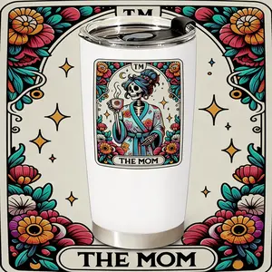 Skull Mom Iced Coffee Cup, Cute 20oz Metal Tumbler with Lid and Straw, Mom Tarot Card Christmas Skull Cup, Witchy Gift for Mom, Gothic Birthday Gift, Gothic Horror Gift for Mom
