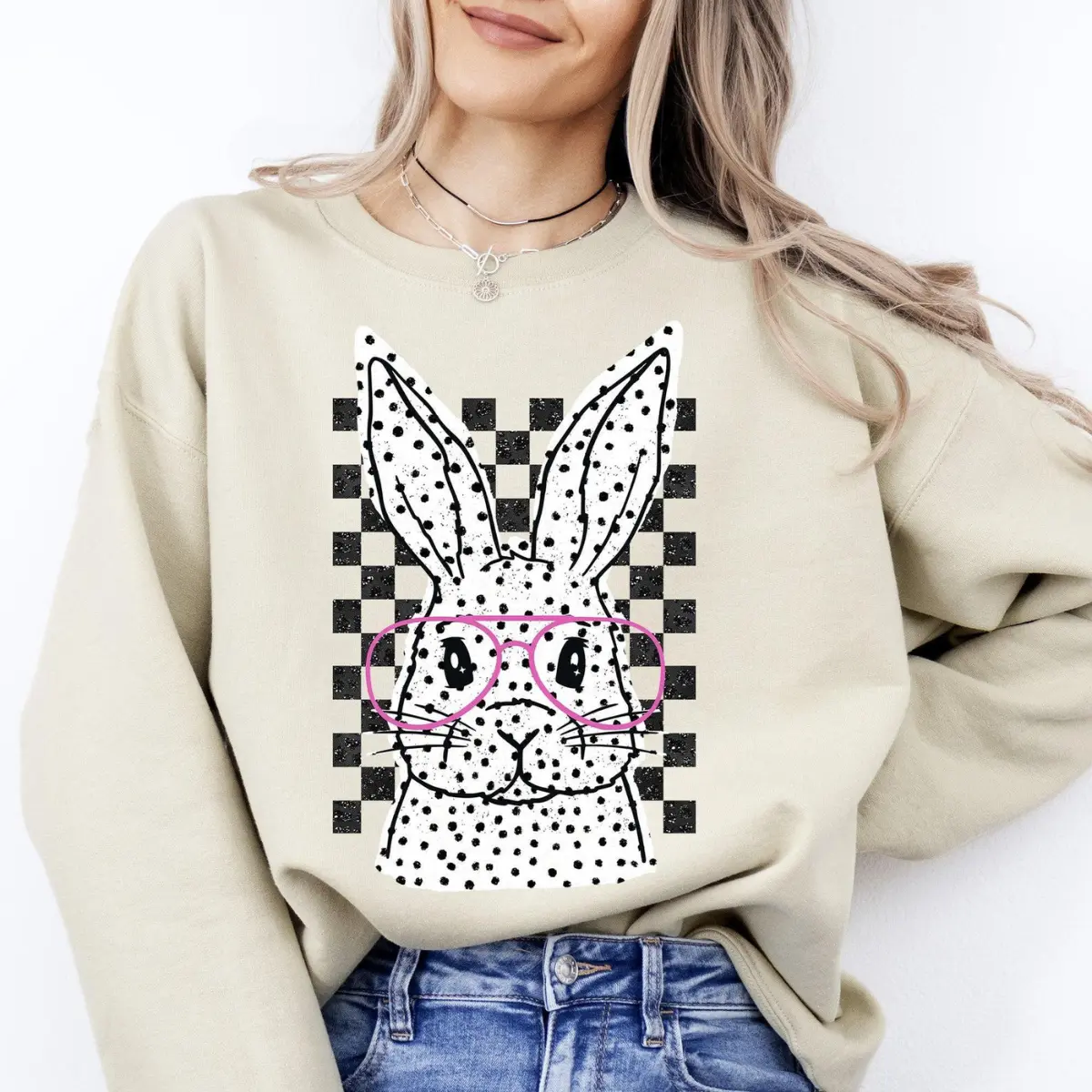 Retro Checkered Polka Dot Easter Sweatshirt – Bunny & Jesus Holiday Crewneck