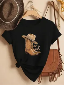 Women's Letter & Cowboy Hat Print Round Neck Graphic Tee, Vintage Trendy Casual Short Sleeve T-shirt for Daily Wear, Ladies Summer Clothes