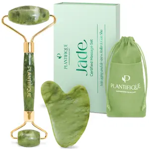 PLANTIFIQUE Jade Roller and Gua Sha Massage Set - Face Massager - Double Chin Remover - 100% Real Jade - Heart-Shaped Jade - Gua Sha Board